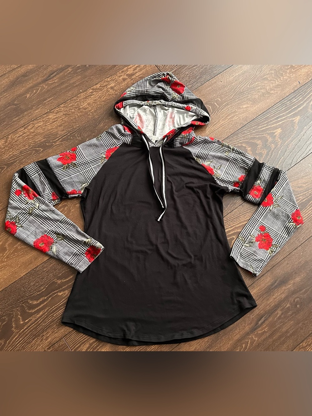 Ultra Flirt Black Hoodie with Gray Plaid and Red Floral Sleeves